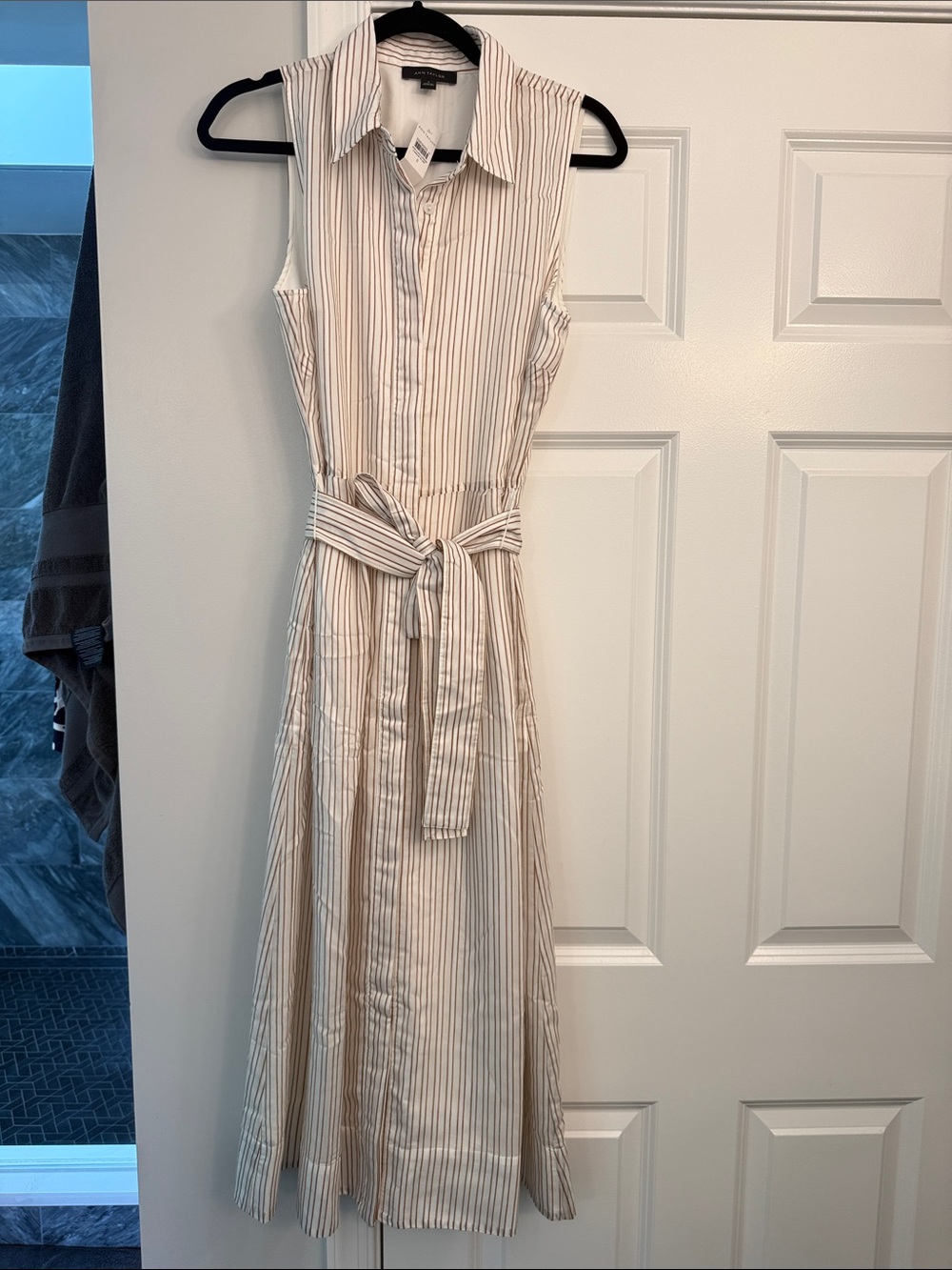 Ann Taylor Sleeveless Striped Maxi Shirt Dress in Beige and White